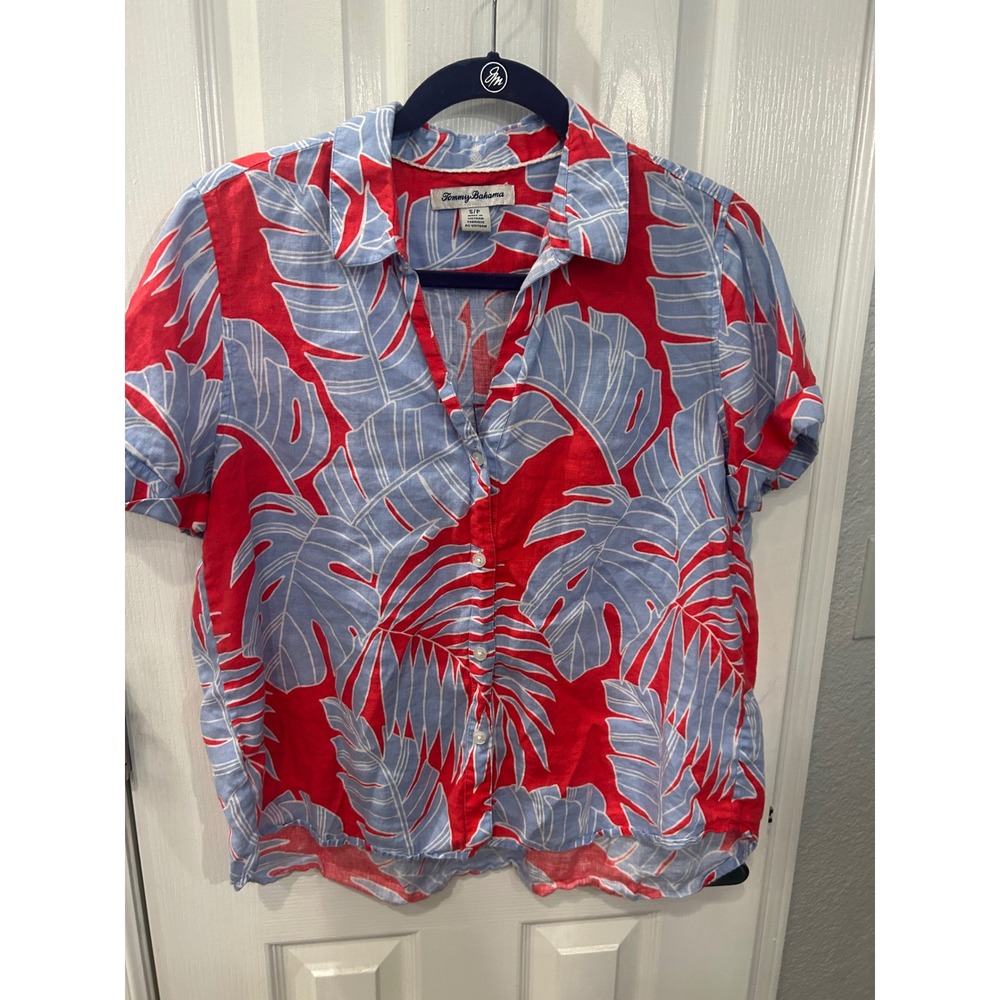 Tommy Bahama Button Down Shirt Red Blue Tropical Monstera Leaf Linen‎ Blend Top